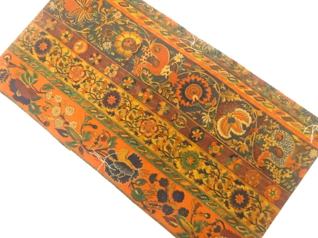 未使用品　縮緬地　縞に花鳥模様　名古屋帯